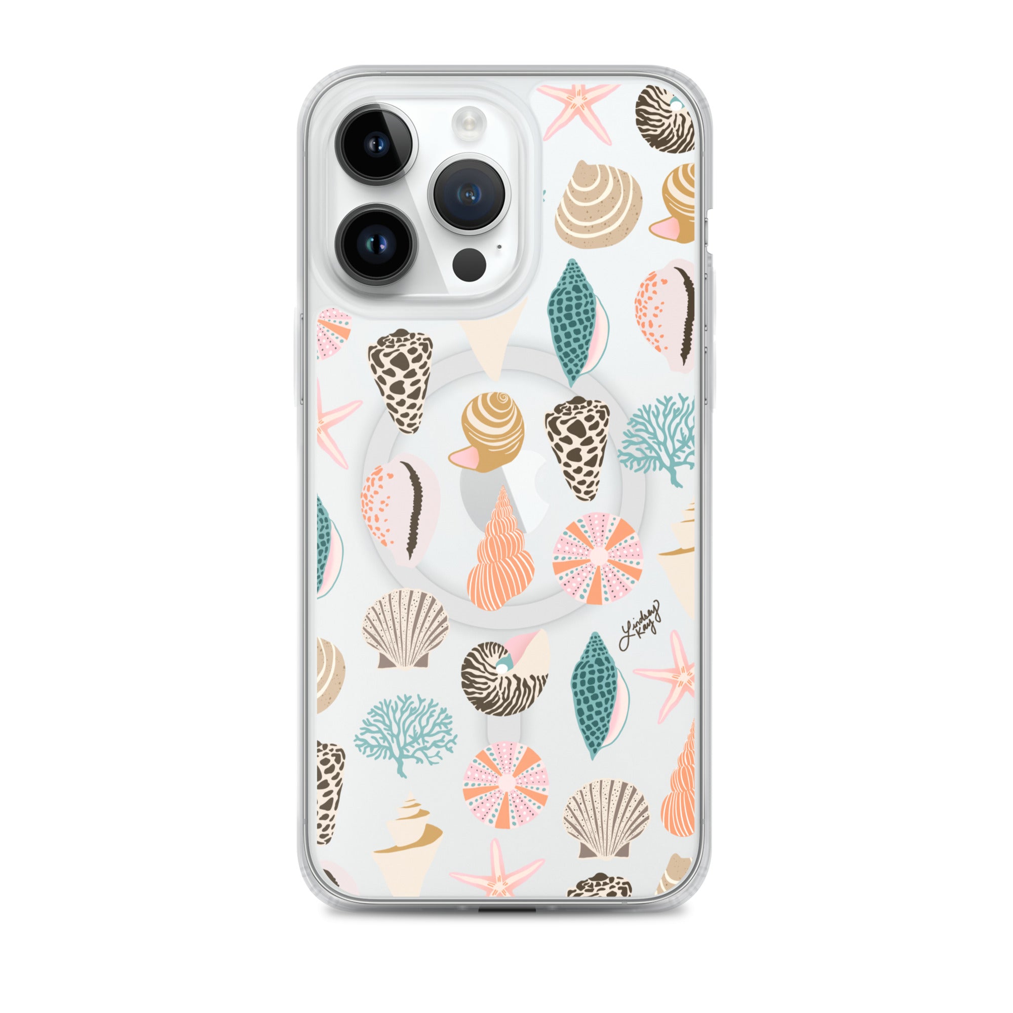 seashells patterned cute trendy beachy magsafe iphone clear case phone cover durable shockproof ocean water shell girly lindsey kay collective turquoise pink orange brown